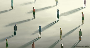 Illustration von Menschen die weit voneinander entfernt auf einem Platz verteilt stehen